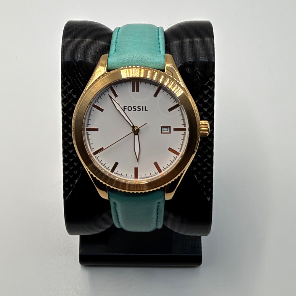 Fossil BQ3271 Wristwatch Women Teal Gold Leather Band Date Watch